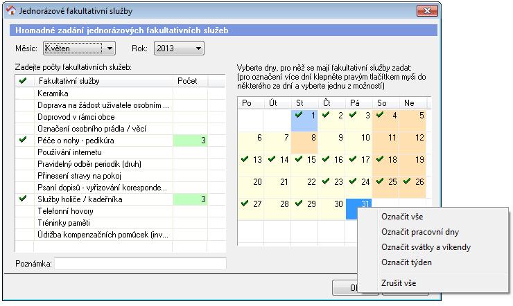 Způsob 1 - jednotlivé zadání: Pro zadání nové služby klepněte na tlačítko Přidat. Vyplňte datum, kdy klient službu odebral.