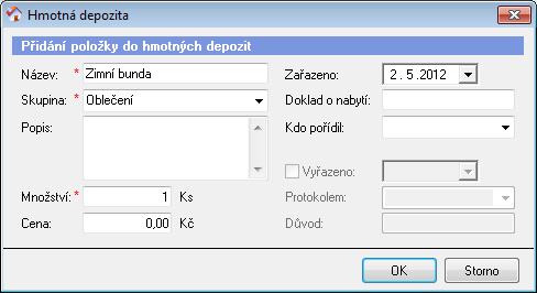 9 Hmotná depozita Tato část programu slouží k evidenci hmotných depozit (cenností) klienta, které jsou převzaty od klienta do úschovy. Hmotná depozita je možné vyřazovat pod zvoleným číslem protokolu.