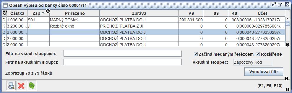 Modul Homebanking Panel akcí Tabulka záznamů D - položka debet, K - položka kredit Zápočtový kód Panel filtrace Obrázek 8.