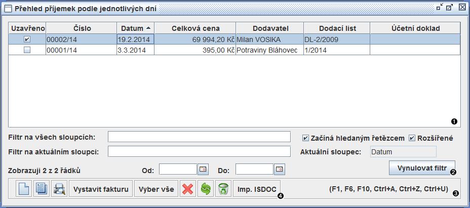 Modul Sklad 3.31. Okno přehled příjemek Okno přehled příjemek zobrazuje seznam všech realizovaných příjemek. Tabulka příjemek Panel filtrace Panel akcí Tlačítko na import dokladu ISDOC (viz 7.1.4 Import nové příjemky z dokladu ISDOC ) Obrázek 3.