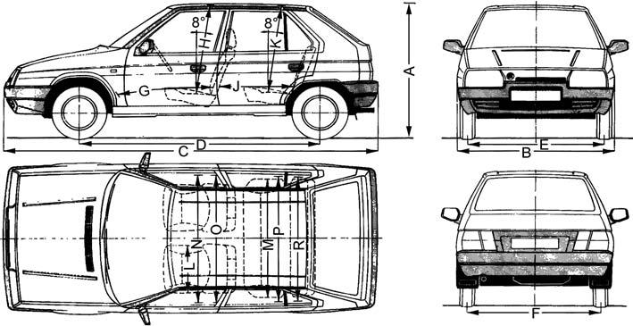 3. Škoda Favorit, Forman, Pick-up Škoda Favorit, Forman, Pick-up 29 Rozměrový náčrtek vozu Favorit Rozměry vozu Favorit A celková výška asi1415 mm B maximální šířka 1620 mm C maximální délka 3815 mm,