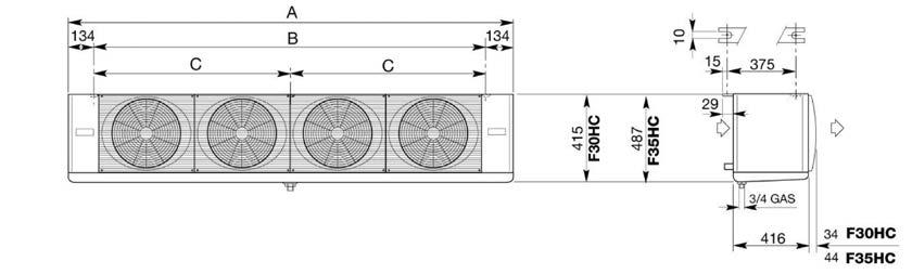 VÝPARNÍK LU-VE F35HC Podstropní výparník Označení modelu: F35HC 145 E 4 Rozteč lamel 4,5mm 4 6,0mm 6 7,0mm 7 Standardní provedení výparníku s AC ventilátory Modelová řada Model Topná tyč Rozteč lamel