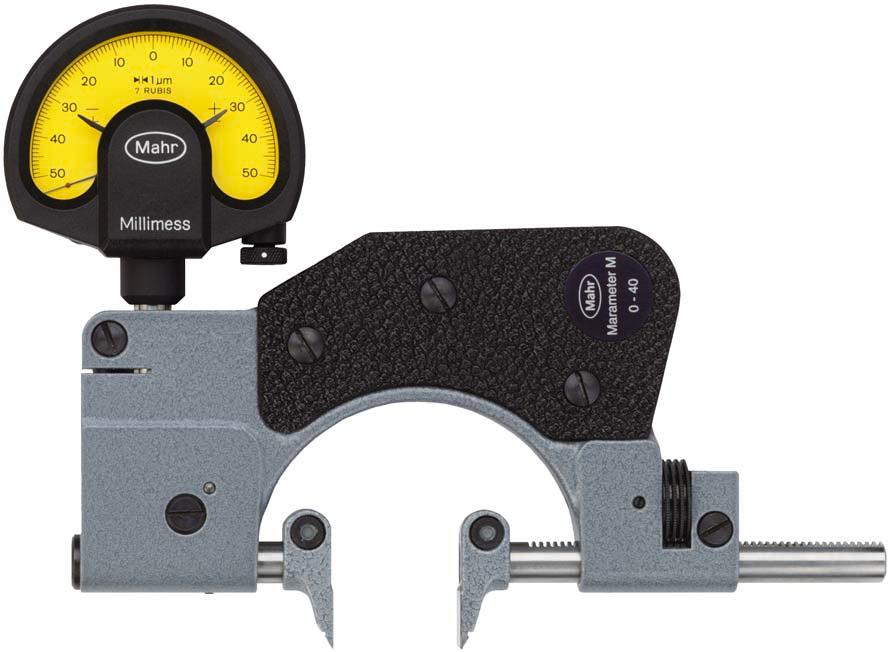 - 9-10 Třmenový kalibr s indikátorovým úchylkoměrem 840 FM MaraMeter M s měřicími čelistmi W k Parametry Pro průměry úzkých osazení, středicí okraje, osazení na hřídelích, vzdálenosti zápichů a míru