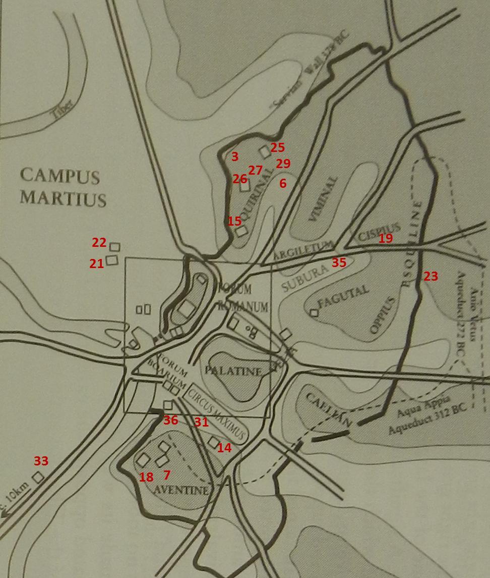 Mapa 1 Topografické vymezení chrámů (CORNELL 1995, map. 10; úprava mapy autor).