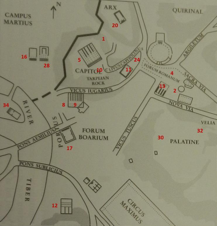 Mapa 2 Topografické vymezení chrámů (CORNELL 1995, map. 10; úprava mapy autor).