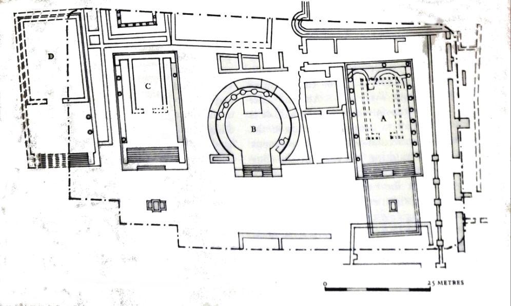 Obrázek 40 Půdorysy chrámů A a C na Largo Argentina, kolem roku 300 př. Kr. (BOETHIUS 1978, fig. 126).