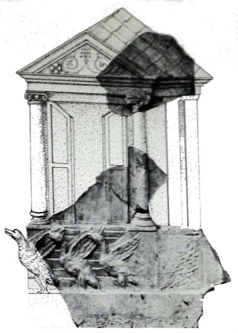 Obrázek 49 Reliéf z doby císařské zobrazující chrám Juno Monety a posvátné husy, zasvěcený v roce 374