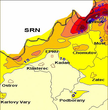 Imisní koncentrace Rok 1999 prach 0-2 ug.m-3 2-4 ug.m-3 4-6 ug.m-3 6-8 ug.m-3 8-10 ug.m-3 10-12 ug.m-3 12-14 ug.m-3 14-16 ug.m-3 16-18 ug.m-3 > 18 ug.