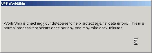 15. Pro jednu pracovní stanici nebo správce pracovní skupiny se v systému WorldShip zobrazí: Zpráva, že se kontrolují případné chyby ve vaší databázi.