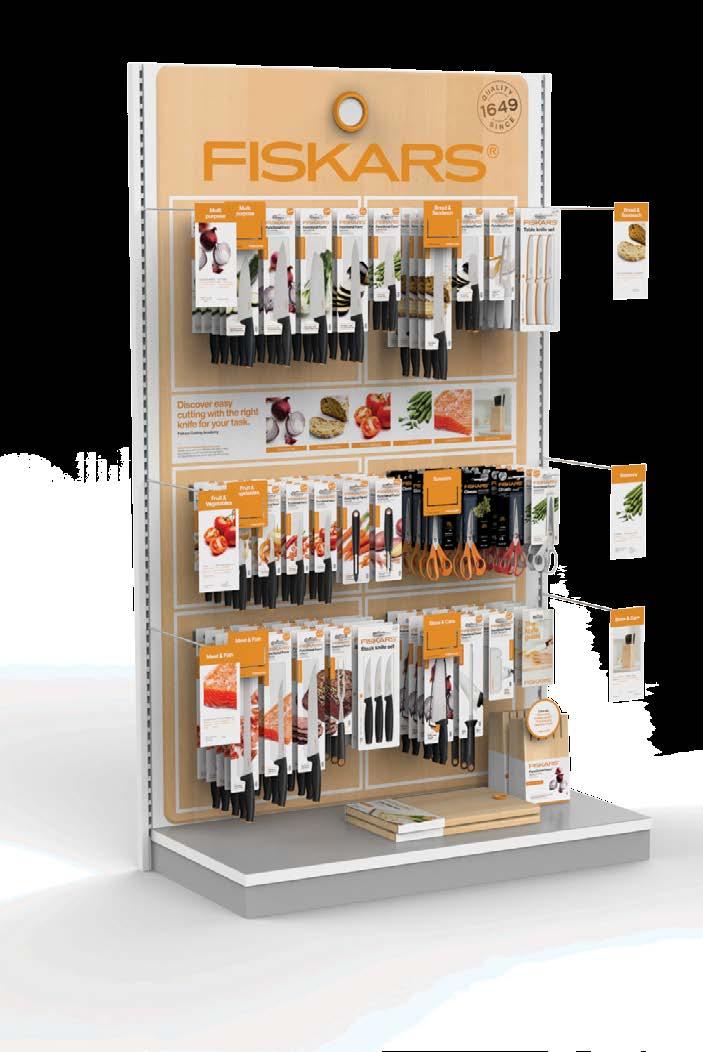 SPRÁVA KATEGORIÍ Fiskars krájecí akademie In-store koncept Fiskars krájecí akademie In-store koncept podporující jednoduchý výběr nožů a krájecích pomůcek Jasně rozdělené zboží dle regálů a