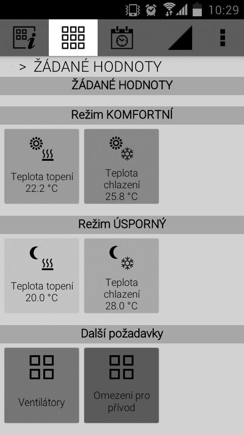 Mobilní aplikace jako HMI k VCS slouží jako uživatelsky jednoduchý ovladač k základnímu řízení provozu VZT spouštění požadovaného režimu (+ vypínání), nastavení (jen uživatelsky účelných parametrů) a