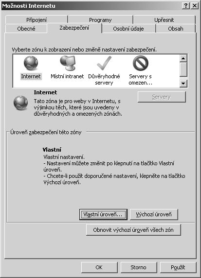Prohlížeč Internet Explorer Kontrola podpory JavaScriptu Internet Explorer: Otevřete v programu Internet Explorer odkaz horního menu Nástroje >> Možnosti Internetu >> záložka Zabezpečení >> tlačítko