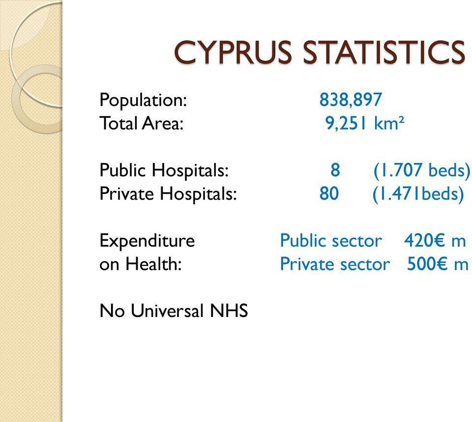 ZDRAVOTNICKÁ ČÁST ORGANIZACE Zdravotnický systém na Kypru tvoří státní a soukromé instituce. V rámci HNP se výdaje na zdravotnictví zvýšily z 4,42 % (2004) na 6,5 % (2014).