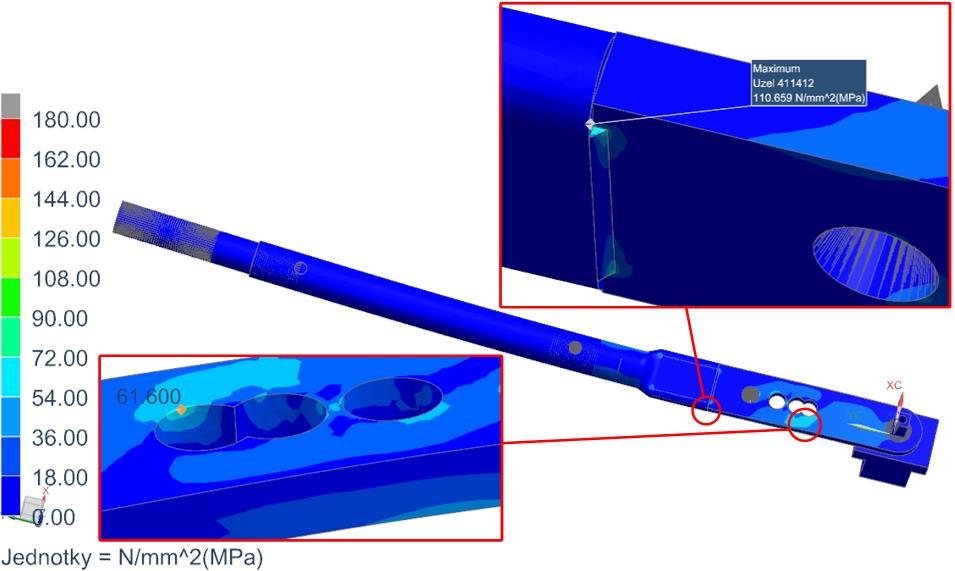 Obr. 51 - MKP simulace - varianta 3 Materiál ohýbačky a hodnoty dovolených napětí zůstali nezměněny: Ocel 11 523 s mezí kluzu Re = 333 MPa, σ DP = 200 MPa, σ DS = 180 MPa.