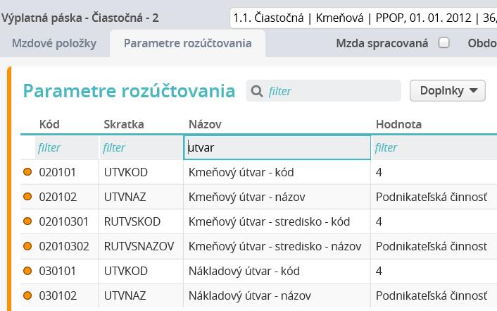 Evidencia Rola/Identifikácia Parametre rozúčtovania čiastočnej kmeňovej systémovej výplatnej pásky - kmeňový aj nákladový útvar sú rovnaké a zodpovedajú údaju zadanému v časti Hlavný úväzok a