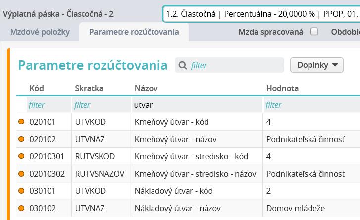 Parametre rozúčtovania čiastočnej percentuálnej systémovej výplatnej pásky - kmeňový útvar zodpovedá údaju zadanému v časti Hlavný úväzok a zaradenie a nákladový útvar zodpovedá údaju zadanému v