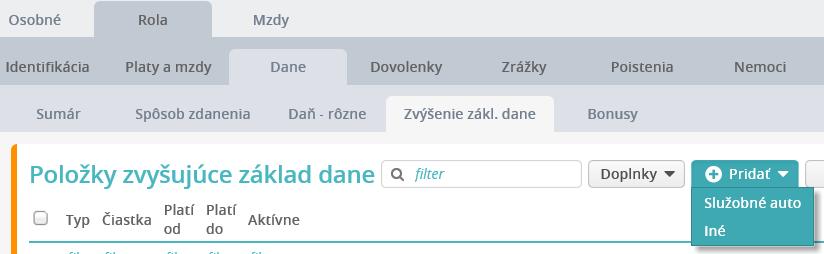 Evidencia Rola/Dovolenky Zvýšenie zákl. dane Na záložku Zvýšenie zákl.