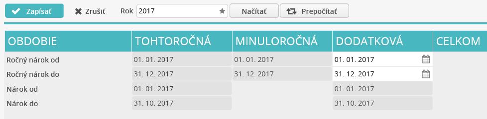 HUMANET PERSONALISTIKA A MZDY časť I. Nárok od/do platí uvedené vyššie, údaje systém zapíše po kliknutí na tlačidlo Prepočítať.