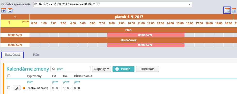 Evidencia Mzdy/Mzdy 2. Zmenou kalendárnej zmeny na záložke Skutočnosť v dennom pohľade na kalendár.