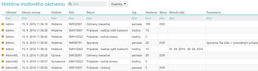 Evidencia Mzdy/Mzdy v tabuľke História mzdového záznamu užívateľ vidí ako sa položky postupne na záložku pridávali, menili, prípadne sa odstraňovali, a kto a kedy tieto zmeny vykonal.