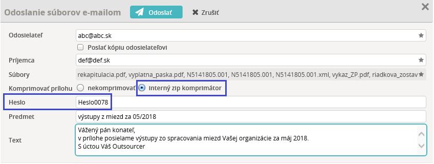 ešte pred odoslaním má možnosť tieto súbory zbaliť do zaheslovaného zip súboru. UPOZORNENIE: Pri spustení spracovania zostavy je políčko vždy prednastavené na neoznačené.