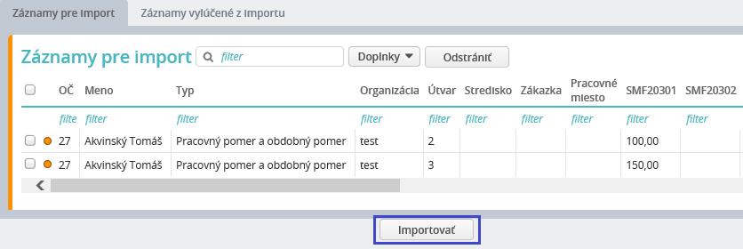 HUMANET PERSONALISTIKA A MZDY časť I. Po načítaní údajov sa zobrazia dve záložky, Záznamy pre import a Záznamy vylúčené z importu.
