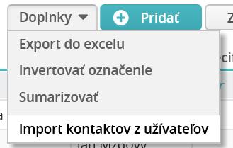 Základné nastavenia/organizácie Na záložke Kontakty je vo voľbe Doplnky funkcia Import kontaktov z užívateľov.