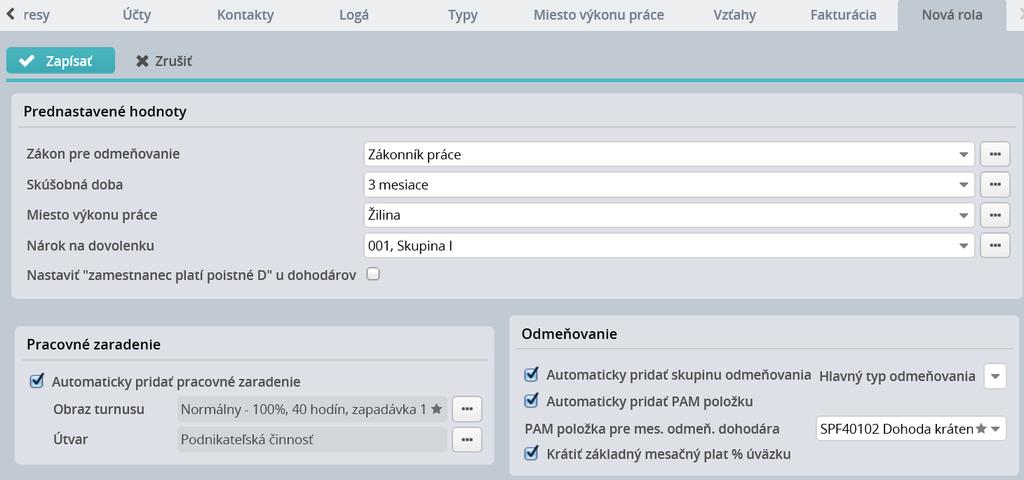 HUMANET PERSONALISTIKA A MZDY časť I. Nová rola Na záložke sú rovnaké políčka ako v uvítacom okne vo štvrtej časti formulára Nastavenie roly.