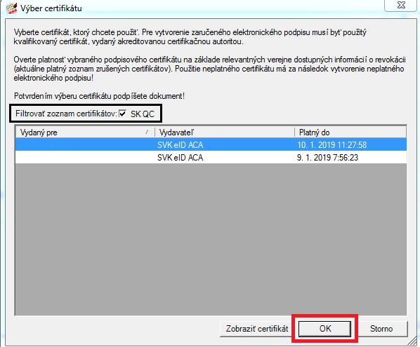 Systém vám automaticky ponúkne kvalifikovaný certifikát (SVK eid ACA), ktorý slúži na vytvorenie kvalifikovaného