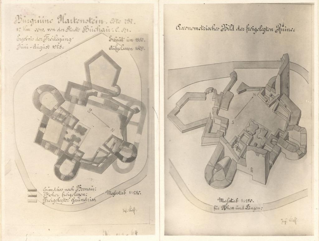 Zřícenina hradu Hartenštejn, kóta 737. 12 km od města Bochov, kóta 671. Výsledek odkrytí postaven kolem r. 1350 červen srpen 1928 opuštěn 1609 Axonometrický nákres odkryté zříceniny.