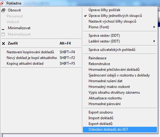 Po úspěšném zaevidování tržby se tlačítko EET změní na Zruš EET. Po stisknutí tohoto tlačítka se zaeviduje tržba v částkách s opačným znaménkem a údaji platnými při evidenci tržby.