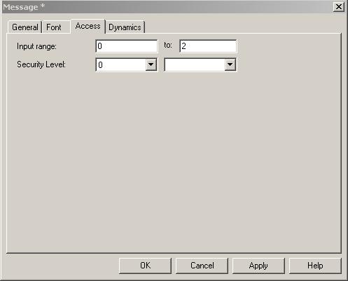 Programování Textové zobrazení a řízení 7 Dialogové okno v položce [Message] má následující podobu. 1663AEN Zadejte [nput range] (Vstupní rozsah) pro první a poslední text v oblasti.