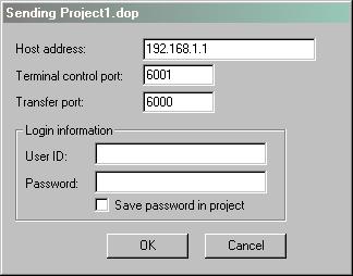 Programování Přenos projektů 7 Přenos přes TCP/P Neplatí pro DOP11A-1. Pro realizaci přenosu přes TCP/P zvolte pod [Transfer] / [Communication parameters] položku [Use TCP/P transfer].