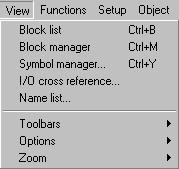 Programování Programování pomocí programovacího softwaru 7 Menu [View] V menu [View] (Zobrazení) se nachází: Block manager (Manažer bloků) Symbol Manager (Manažer symbolů) /O cross reference (Křížové