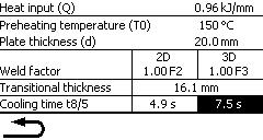 doba vychladnutí T8/5 při zohlednění uvedené tloušťky plechu