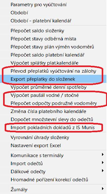 Obrázek: Nové či upravené funkce v nabídce Akce Export přeplatků složenkou pomocí služeb České pošty Jedná se o novou funkci v nabídce modulu Vodné a stočné.