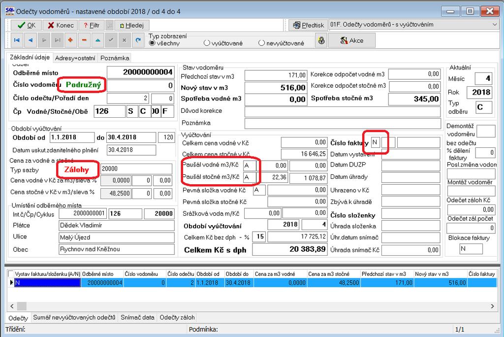 Obrázek: Nové údaje na odečtu vodoměru Obrázek: Při vystavení faktury z odečtu program nabízí ihned zobrazení