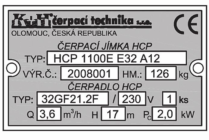 4.0 PARAMETRY A ZNAČENÍ JÍMEK 4.1 KLÍČ PRO ZNAČENÍ JÍMEK Velikost jímky Uspořádání Typ čerpadla jímky HCP 1100E E 3 2 A 1 2 32GF21.