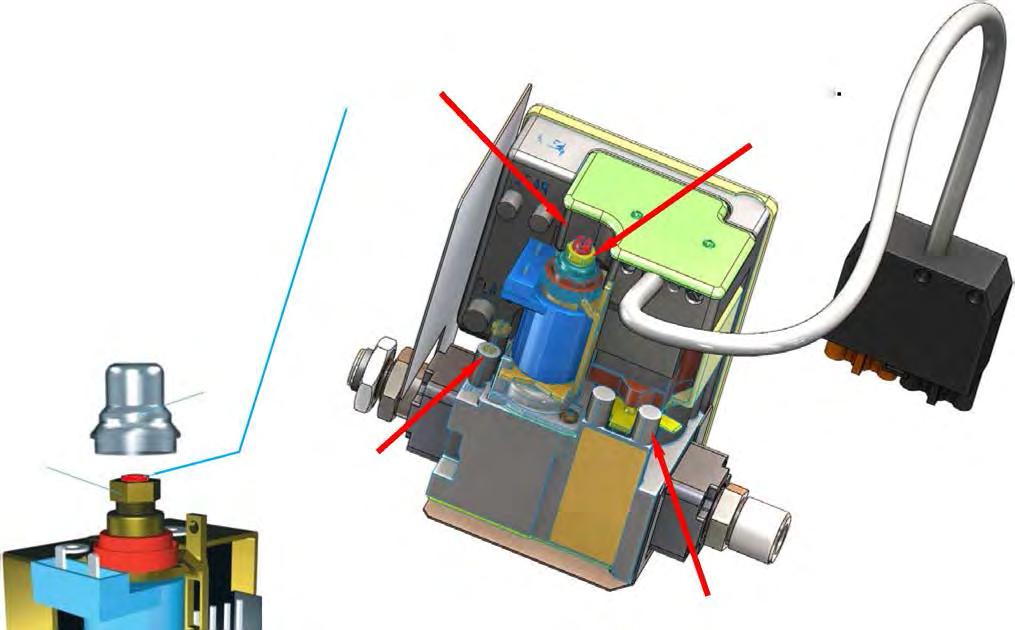 3.2 SEŘÍZENÍ TLAKU PLYNU Seřízení provozního tlaku pro modely RIALTO s řídící automatikou plamene SIT Seřiďte rychlost otevírání ventilu pomocí regulačního šroubu (červený šroub) tak, že nastavíte