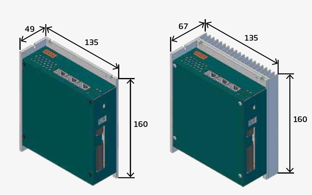 3.4 Rozměry servozesilovače TGZ-320-5/10 a TGZ-320-5/15 ROZMĚRY VERZE BEZ PŘÍDAVNÉHO CHLADIČE: 160 x 49 x 135 mm (výška x šířka x hloubka) Rozměry včetně konektorových protikusů: Hmotnost: 190 x 49 x