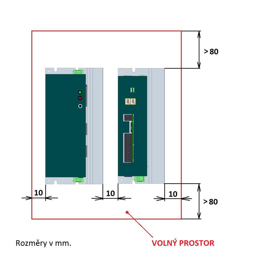 Umístění napájecího modulu TGS-320-10/15 v rozvaděči společně se servozesilovačem TGZ-320: U napájecího modulu TGS-320-10/15 spolu se servozesilovačem TGZ-320 je doporučeno