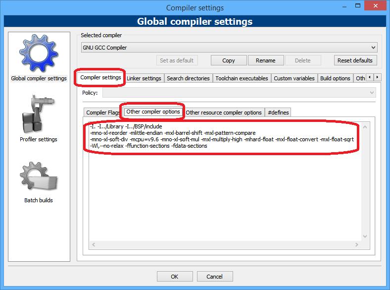 6. Zvolte záložku Other compiler options a vepište následující text: -I. -I../Library -I../BSP/include -mno-xl-reorder -mlittle-endian -mxl-barrel-shift -mxl-pattern-compare -mno-xl-soft-div -mcpu=v9.