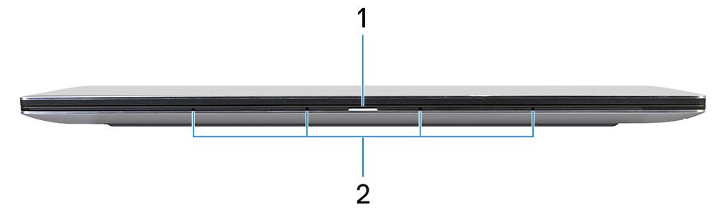 Pohledy na notebook XPS 13 9370 3 Vpředu 1 Indikátor stavu napájení a baterie Ukazuje stav napájení a stav baterie počítače. Svítí bíle napájecí adaptér je připojen a baterie se nabíjí.