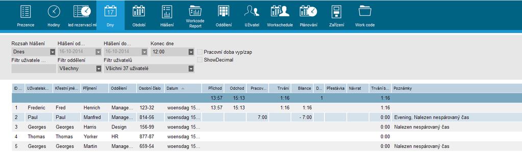 Poznámka: Po uplynutí bezpečnostní doby 96 hodin bez časových údajů bude zaměstnanec automaticky zobrazen jako "Odchod". 3.