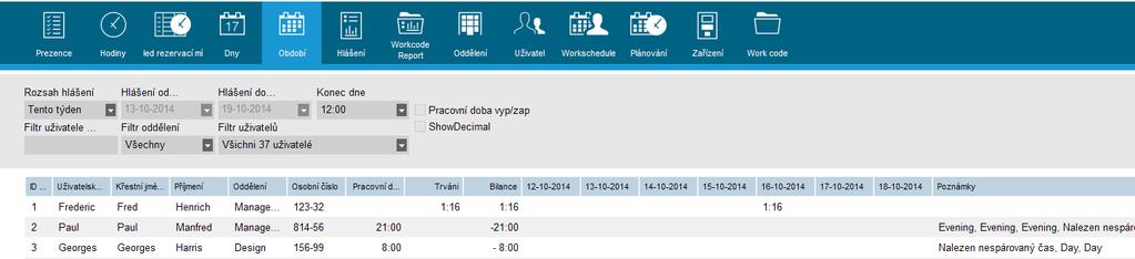 Všechny ostatní údaje Příchod/Odchod se nacházejí ve sloupcích Přestávka/Návrat Vypuknút. Lze také zobrazit pracovní plán a bilanci mezi pracovním plánem a časovými údaji.