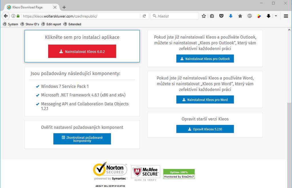 Prvním krokem je stažení program ze stránek: https://kleos.wolterskluwer.com/czechrepublic/ Klikněte na tlačítko nainstalovat Kleos a tím se začne stahovat instalátor.