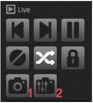 Statický snímek vaší show lze pořídit a uložit v nové scéně. Chceteli to provést, klikněte na ikonu fotoaparátu v panelu Live. Lze uložit snímek všeho (1) nebo pouze LTP úprav (2).