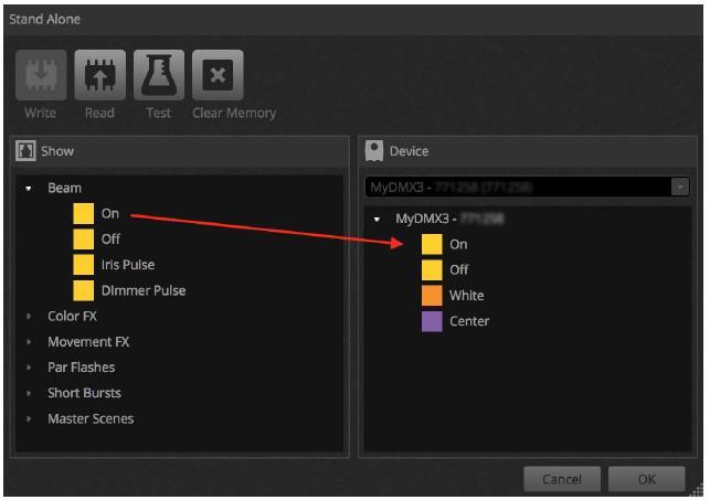 Spouštění pomocí port*, přeskakování a tvorba smyčky Scény lze spouštět pomocí portů se suchými kontakty rozhraní DMX. Port se nastavuje v nabídce vlastností scény v kartě Edit.