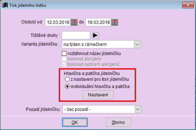 Hlavička a patička pro tisk jídelníčku V sestavách pro tisk jídelníčku je nyní nová volba pro nastavení Hlavičky a Patičky.