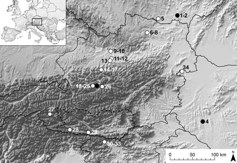 Obr. 9. Rozšíření náušnic typu Krungl, varianta A (plný kroužek) a varianta B (prázdný kroužek). Čárkovaně jsou vyznačeny hranice rakouské spolkové země Korutany.